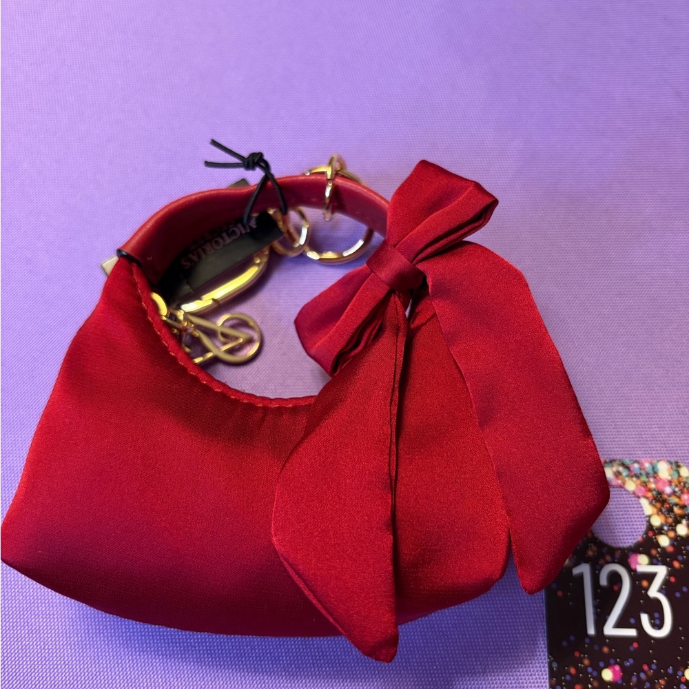 123, NWT Victoria Secret Red Satin Handbag Keychain or Bag Charm with Bow Accent
